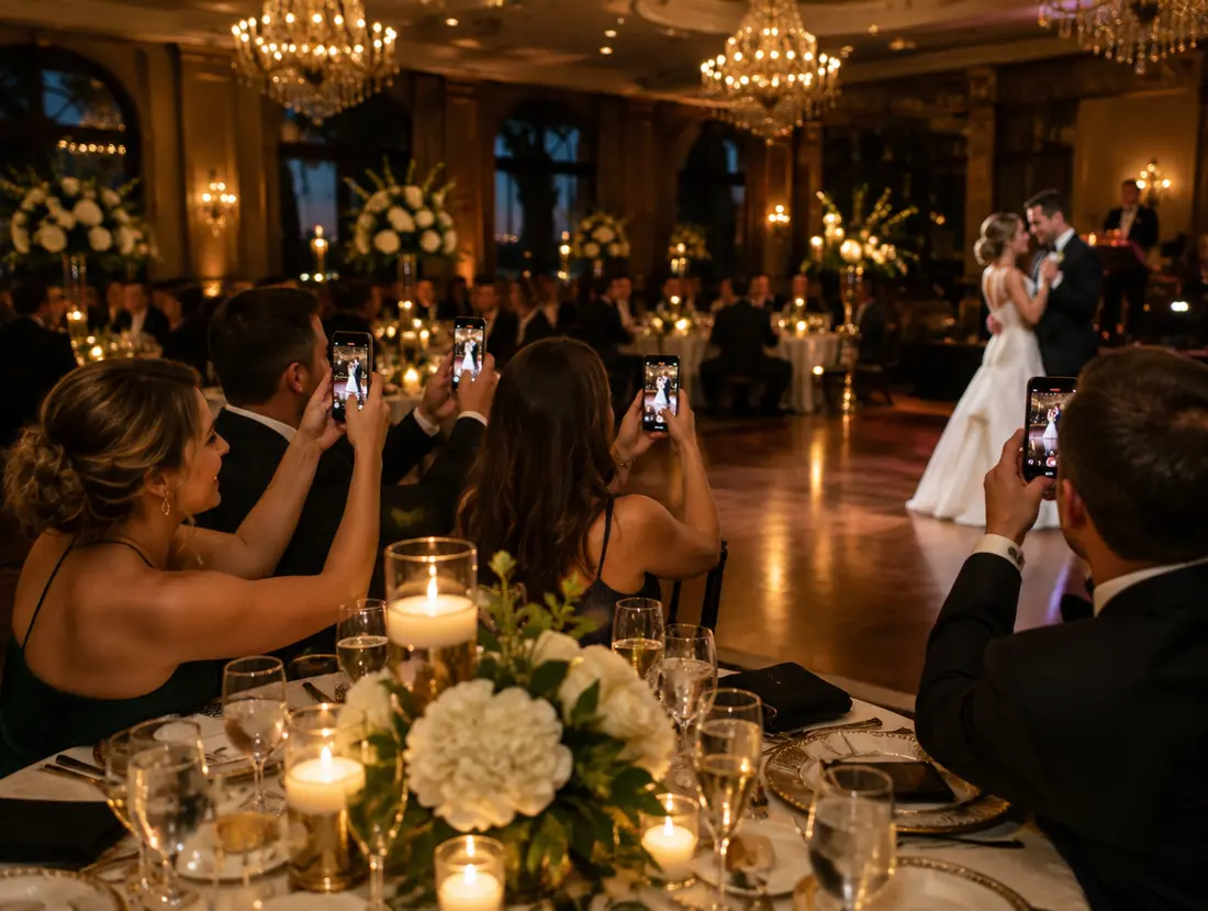 Farah — guests sharing photos from their phones at a wedding — Herkel Production, Michigan wedding photography